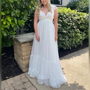Mac Duggal White Ruffle Tiered Cut-Out Chiffon Gown